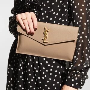 Saint Laurent Uptown YSL Envelope Clutch Dark Beige